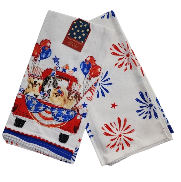 Stars And Stripes Farmhouse Kitchen Towel Set of 2 Patriotic Day Design - Picture 1 of 9